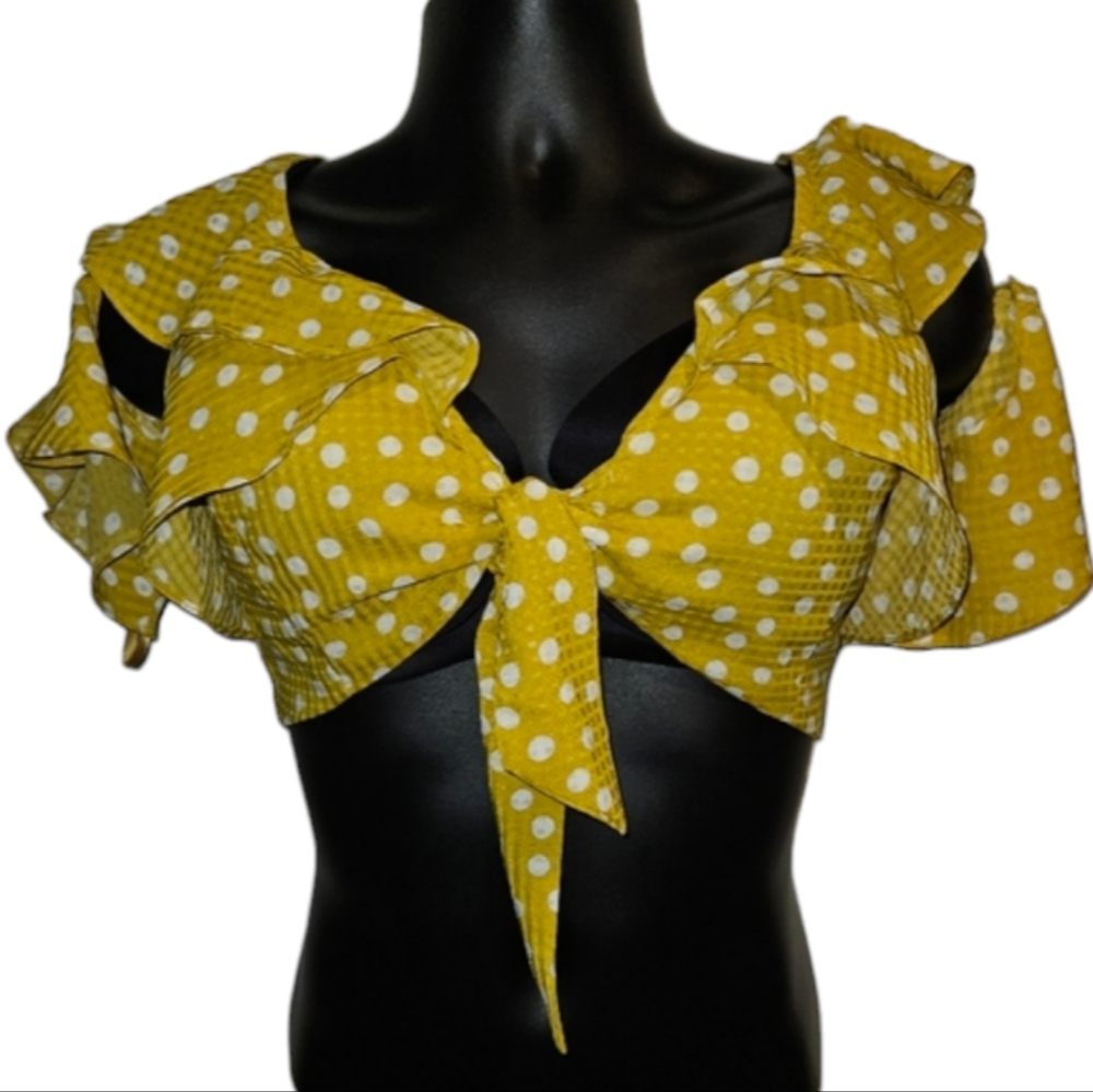 Runaway The Label Top Yellow White Dot Front Tie Ruffle Australia Medium 6 Women